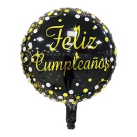 Balão Feliz Aniversário preto e dourado 45 cm