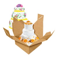 Caixa para bolos de 28 x 28 x 31 cm com pega e altura especial em cor kraft.