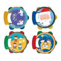 Pandeireta de Natal em plástico com desenhos variados e pega de 17 cm
