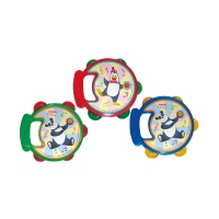 Pandeireta de plástico de 14 cm com desenhos de animais variados.