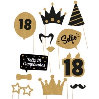 Happy 18th kit photocall dourado e preto - 12 unidades