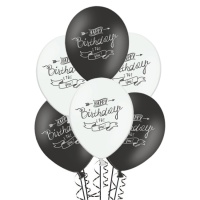 Balões de Feliz Aniversário em látex pastel preto e branco 30 cm - PartyDeco - 50 unidades