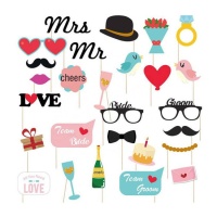 Kit para photo booth de casamento Mr and Mrs - 27 unidades