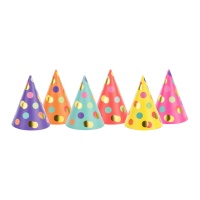 Chapéus de festa com bolinhas de várias cores - 6 unidades