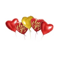 Bouquet de balões de corações vermelhos Eu amo você - 5 unidades