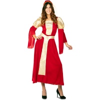 Fato de senhora vermelha medieval com tiara para mulher