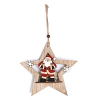 Adorno pendente em forma de estrela com Pai Natal de madeira de 18 cm