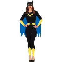 Roupa de herói de morcego com capa azul para mulher