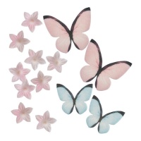 Mini wafers de flores e borboletas cor-de-rosa e azuis - 13 unid.