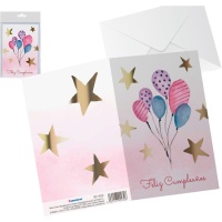 Cartão de aniversário com balões e estrelas douradas