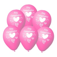 Balões de látex cor-de-rosa com corações Feliz aniversário 23 cm - 6 unidades