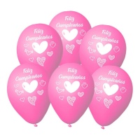Balões de látex cor-de-rosa com corações Feliz Aniversário 23 cm - 6 peças