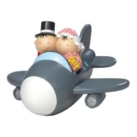 Porquinho mealheiro de 11 cm e estatueta de noivos num avião pit & pita