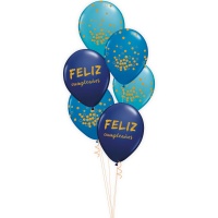 Balões de Feliz Aniversário azuis com dourado - 6 unidades