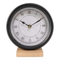 Relógio de mesa preto com base de madeira - DCasa