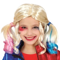 Cabeleira loira com tranças cor-de-rosa e azul para a Harley supervillain para crianças