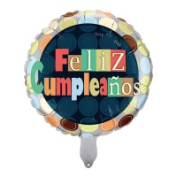 Balão redondo Feliz Aniversário com Bolinhas de 45 cm