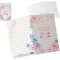 Cartão de felicitações Comunhão cor-de-rosa com flores