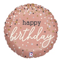 Balão redondo cor-de-rosa com confetti de Feliz Aniversário 35 cm - Grabo