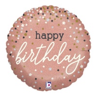 Balão redondo cor-de-rosa com confetti Feliz Aniversário 35 cm - Grabo