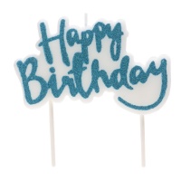 Vela de Happy Birthday azul com purpurina de 10 x 6,5 cm