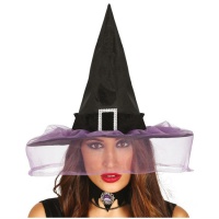 Chapéu de bruxa preto com véu lilás