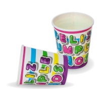 Copos Happy Birthday com riscas coloridas 9 x 8 cm - 8 unid.