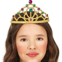 Bandolete de princesa dourada com pedras coloridas para criança.
