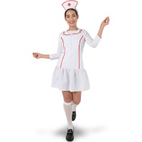 Fantasia de enfermeira em vestido branco e vermelho para mulher