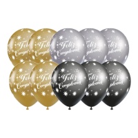 Balões de Feliz Aniversário prata, ouro e preto 30 cm - 10 peças