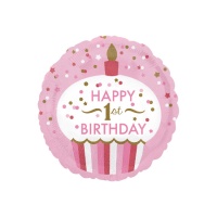 Balão redondo cor-de-rosa para o primeiro aniversário 45 cm - Anagrama