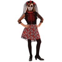 Fato de Catrina vermelho e preto com caveiras para rapariga