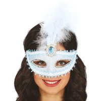 Máscara azul decorada com penas
