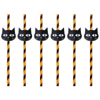 Palhinhas de Halloween com gato - 6 unid.
