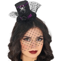 Diadema mini chapéu com véu e aranha preta