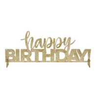Centro de mesa Happy Birthday transparente com pintas douradas 37,5 x 14 cm
