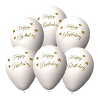 Balões de látex biodegradáveis brancos com a frase Happy Birthday em dourado 23 cm - 6 unidades