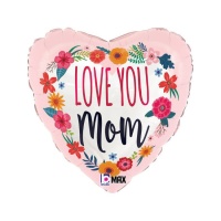 Balão de coração Love You Mom Mom decorado com flores 46 cm - Grabo