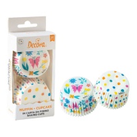 Cápsulas para cupcakes brancas com borboletas e bolinhas coloridas - Decora - 36 unidades