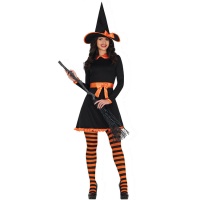Fato de bruxa laranja e preto com chapéu para mulher