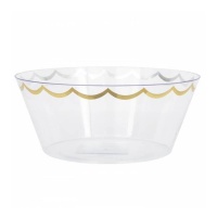 Taça redonda de 25,5 x 10,5 cm em plástico transparente com rebordo dourado