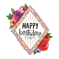Feliz aniversário balão diamante com flores 52 x 64 cm - Grabo