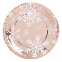 Pratos rosa-salmão metalizado com flocos de neve de 23 cm - 6 unidades