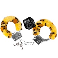 Conjunto erótico de dados com algemas de metal com pelo de leopardo.
