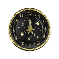Placas de relógio de Ano Novo pretas e douradas 18 cm - 6 unid.