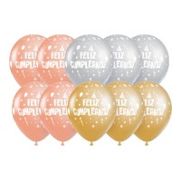 Balões Feliz Aniversário ouro, prata e coral 30 cm - 10 unidades