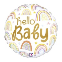 Hello Baby balão redondo dourado com arco-íris 19 x 19 cm - Grabo