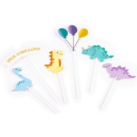 Topper para bolo de Dinossauros e balões feliz aniversário - 6 unidades