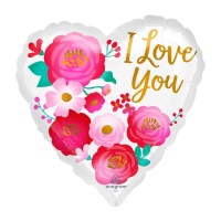 Balão coração com flores e mensagem I Love You 43 cm - Anagrama
