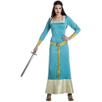 Fato de senhora medieval azul e dourado para mulheres